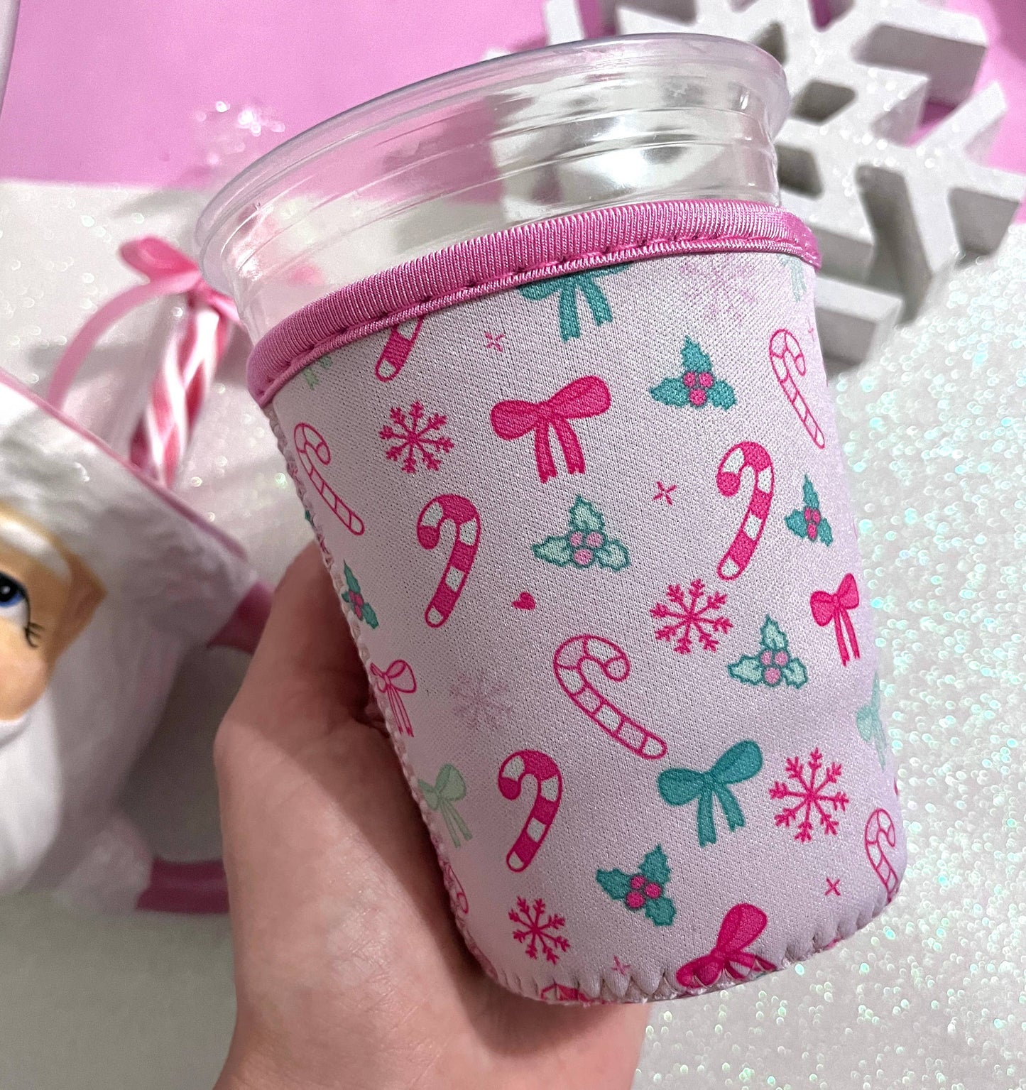 Pink Christmas Iced Coffee Sleeve- 16oz Drink Koozie : Large