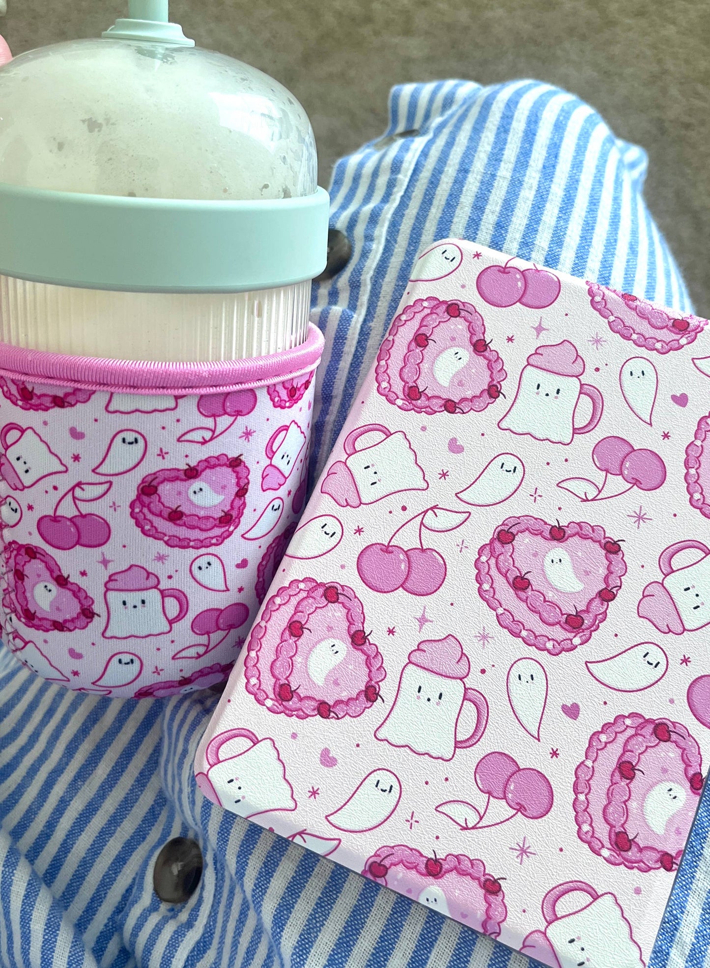 Pink Ghost Cake Iced Coffee Sleeve- 16oz Drink Koozie: Large