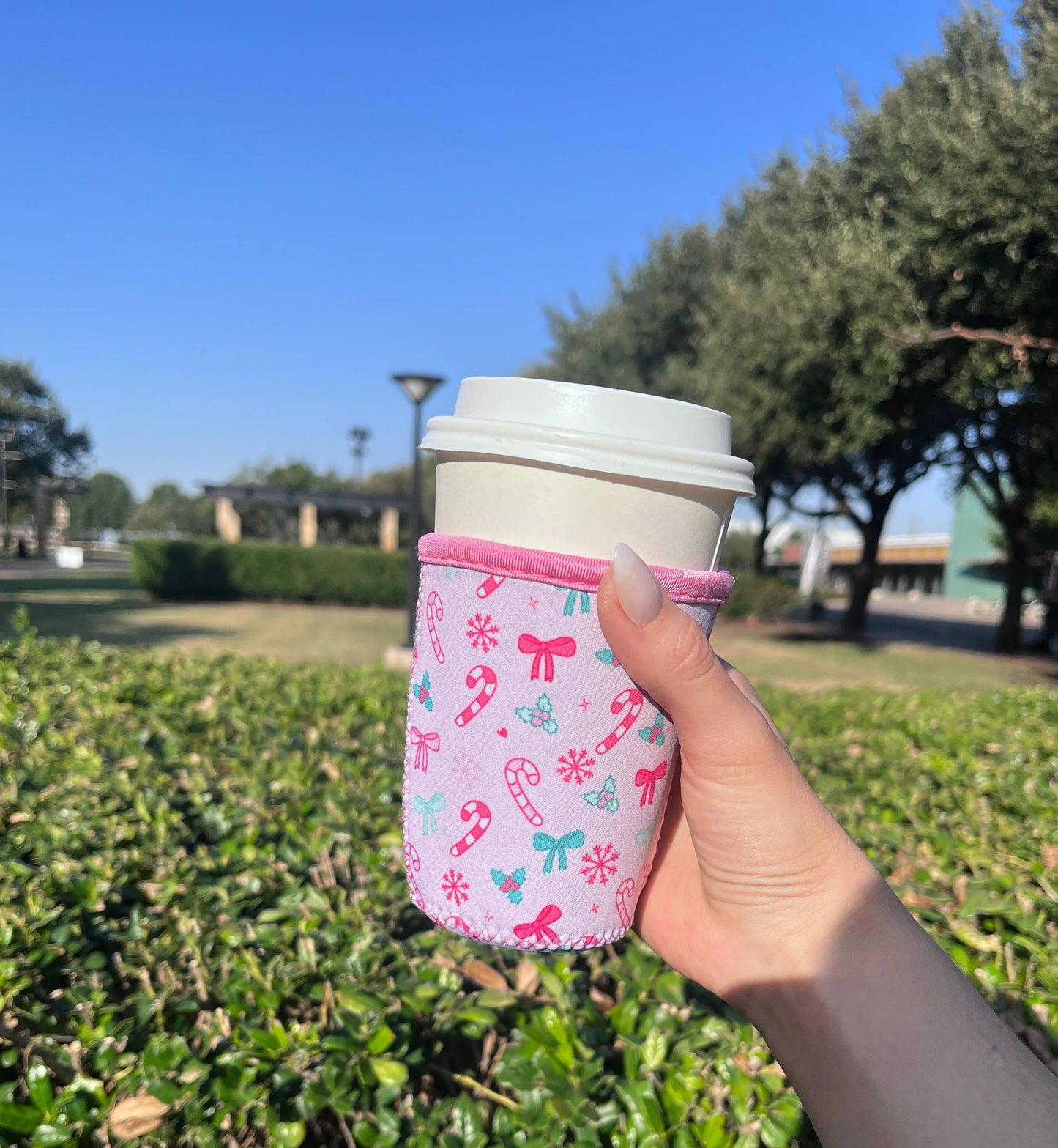 Pink Christmas Iced Coffee Sleeve- 16oz Drink Koozie : Large