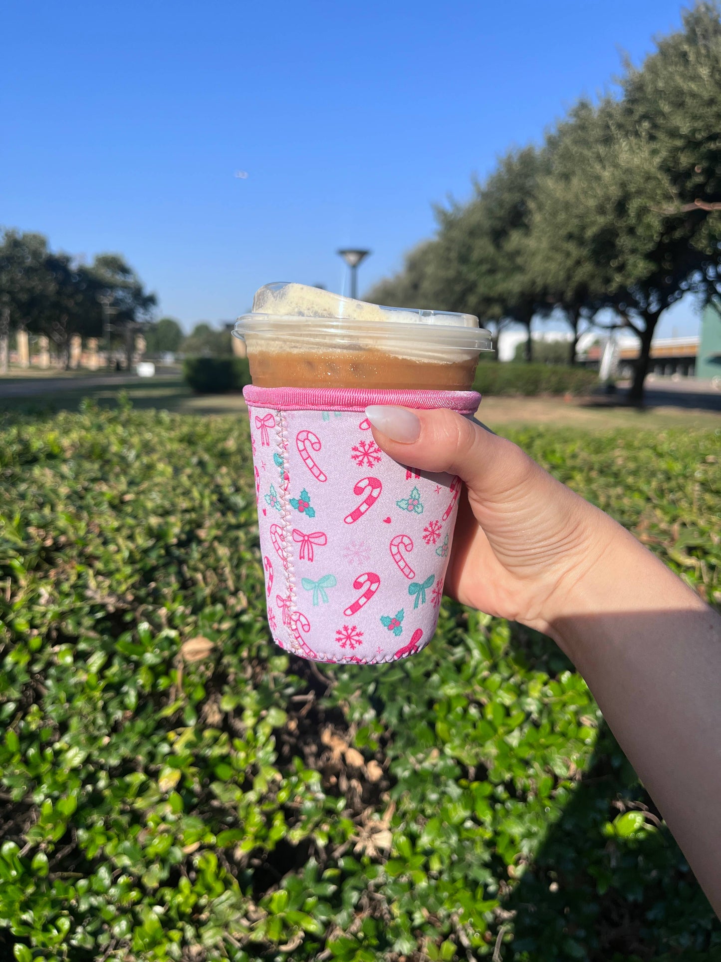 Pink Christmas Iced Coffee Sleeve- 16oz Drink Koozie : Large