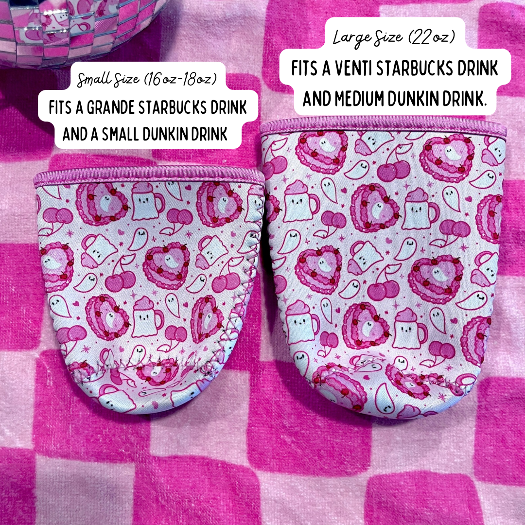 Pink Ghost Cake Iced Coffee Sleeve- 16oz Drink Koozie: Large