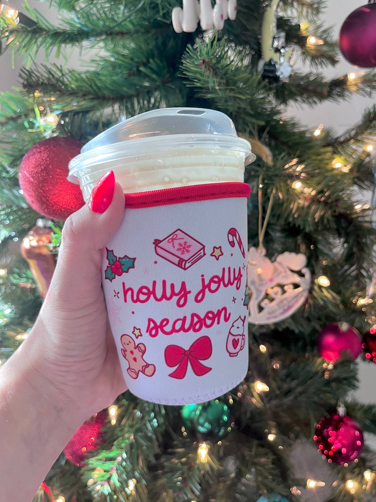 Holly Jolly Season Coffee Sleeve- 16oz Drink Koozie : Large