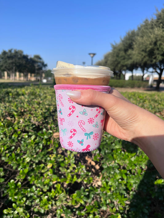 Pink Christmas Iced Coffee Sleeve- 16oz Drink Koozie : Large