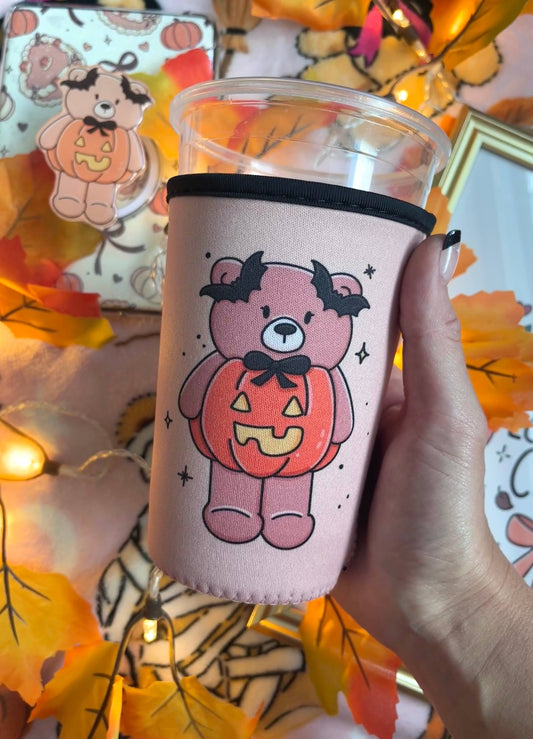 Pumpkin Bear Iced Coffee Sleeve- 16oz Drink Koozi: Large