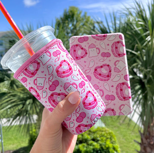 Pink Ghost Cake  Iced Coffee Sleeve- 16oz Drink Koozie: Large
